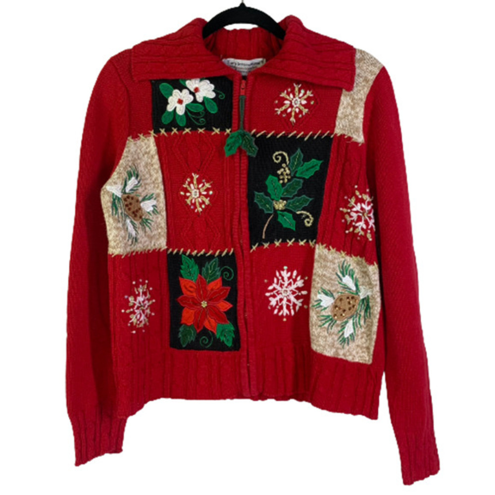 TIARA INTERNATIONAL‎ Red Poinsettia Holiday Zipper Cardigan Sweater